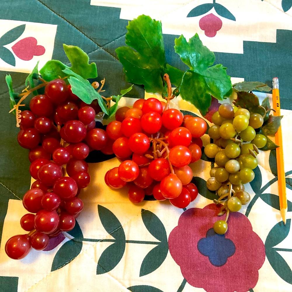 Grapes 🍇 imitation, Pkg of 4 Bunches, Orange, Purple & Green, Pkg. #3, plastic